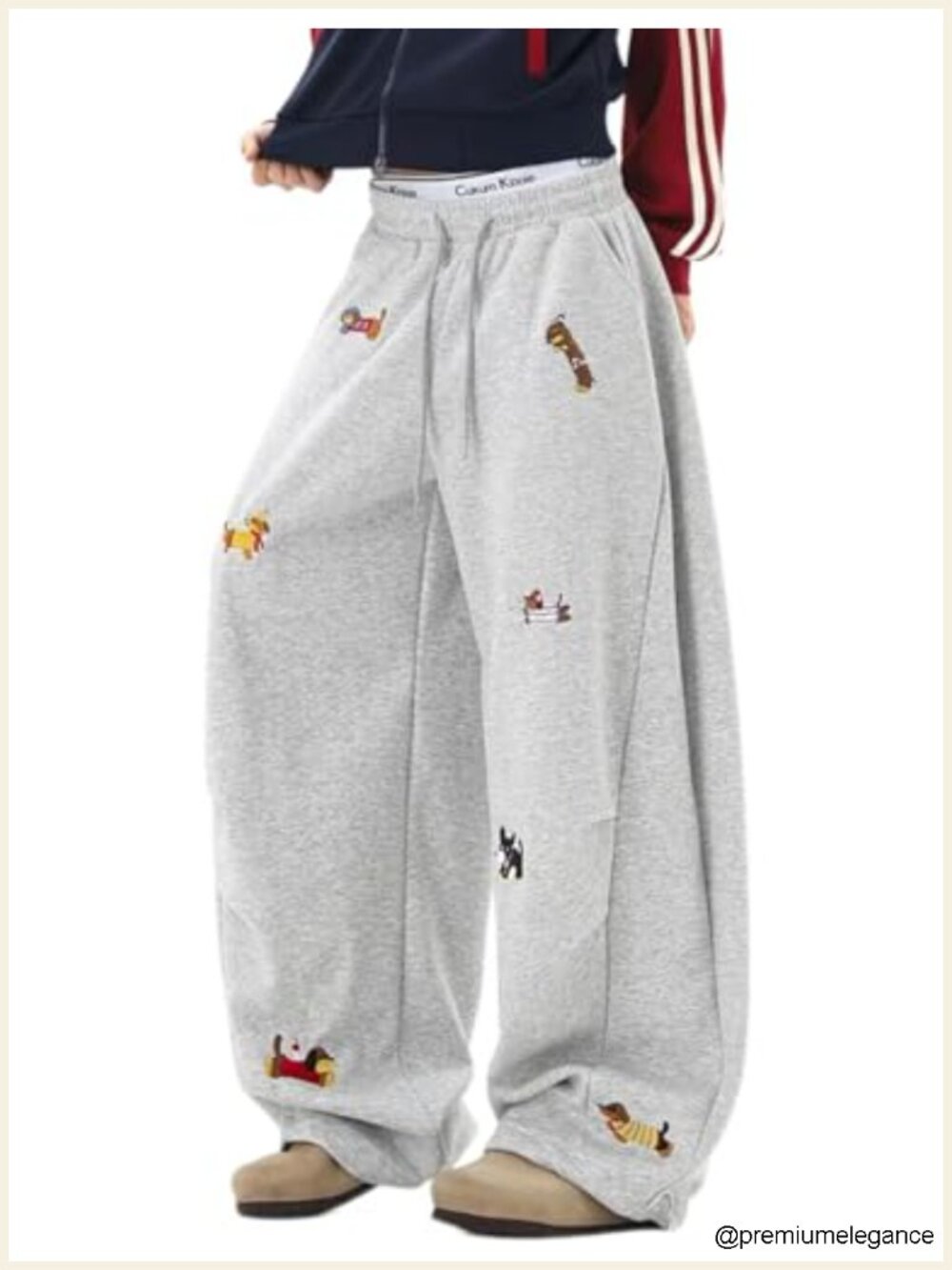 Baggy Sweatpants Women Wide Leg Y2K Embroidered Dachshund Drawstring Hip Hop